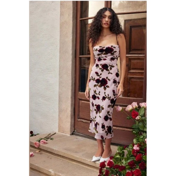 House of CB Azura Pink Rose Velvet Burnout Mesh Corset Midi Dress XS Plus Cup
